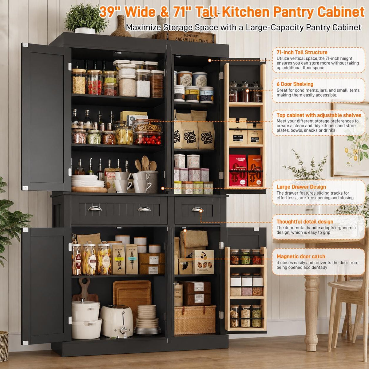 Modern 71” Tall Kitchen Pantry Storage Cabinet with Drawers & Door Shelves
