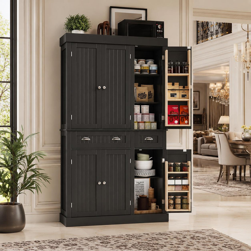 Modern 71” Tall Kitchen Pantry Storage Cabinet with Drawers & Door Shelves