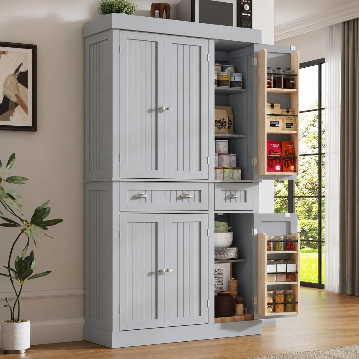 Modern 71” Tall Kitchen Pantry Storage Cabinet with Drawers & Door Shelves