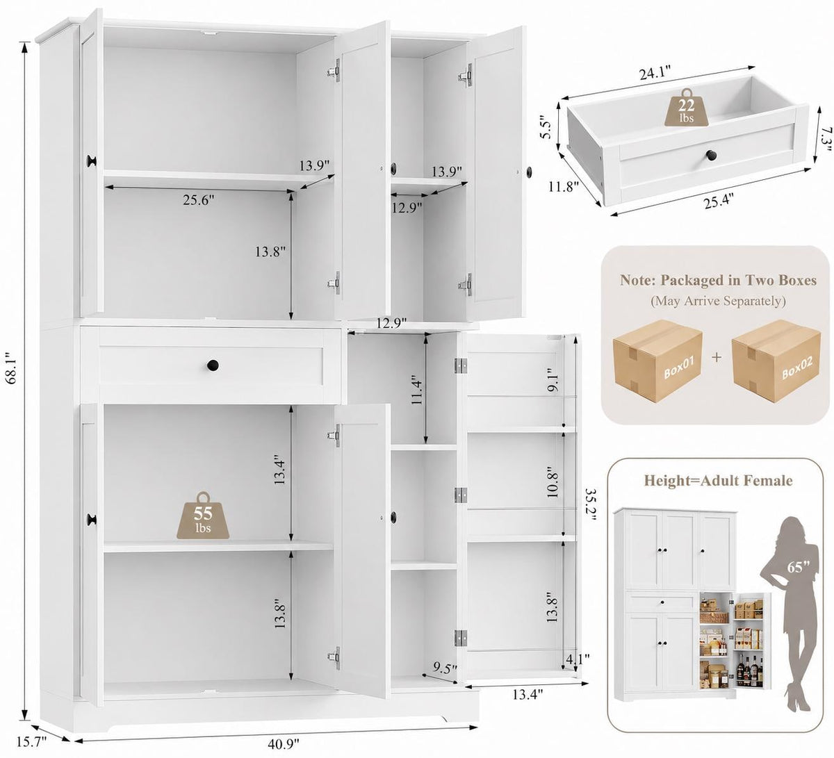 Modern White Kitchen Pantry Cabinet with Drawer & Swing-Out Storage Rack