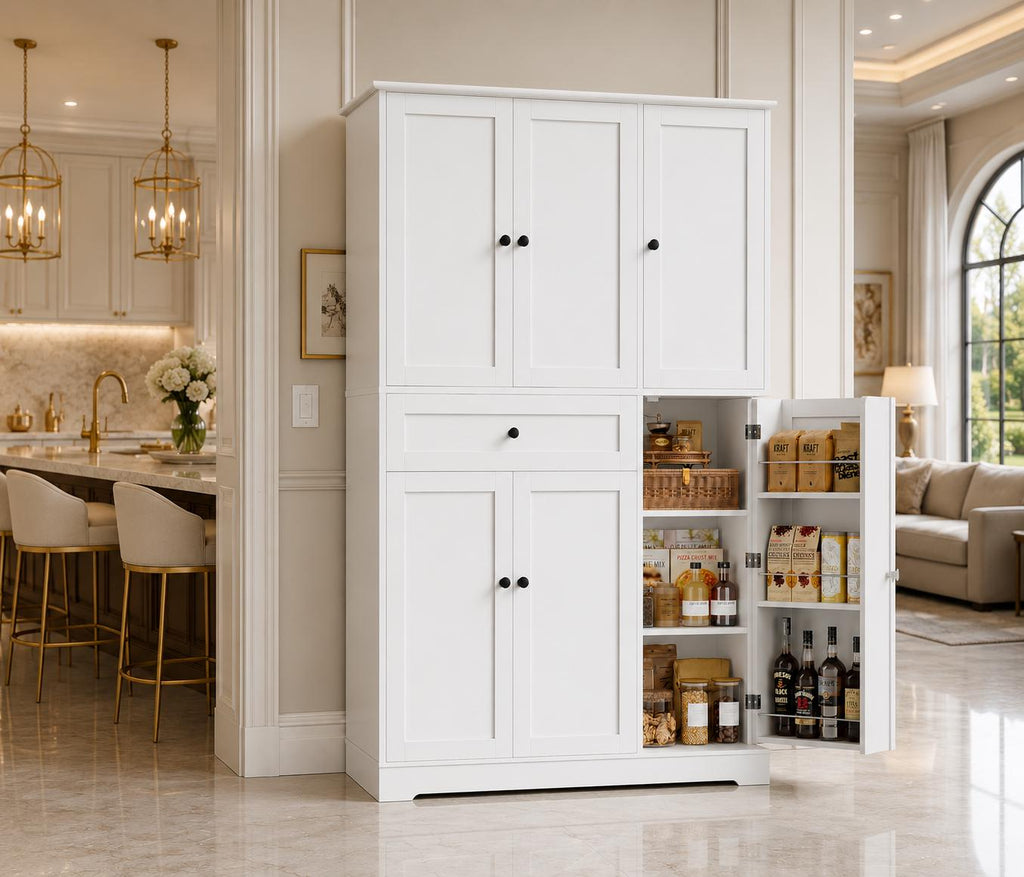 Modern White Kitchen Pantry Cabinet with Drawer & Swing-Out Storage Rack