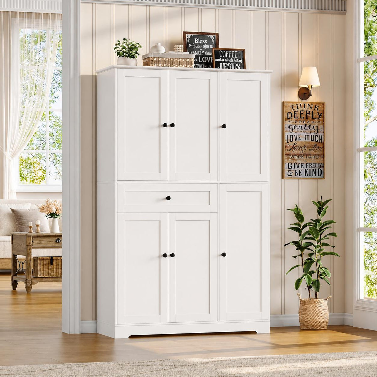 Modern White Kitchen Pantry Cabinet with Drawer & Swing-Out Storage Rack