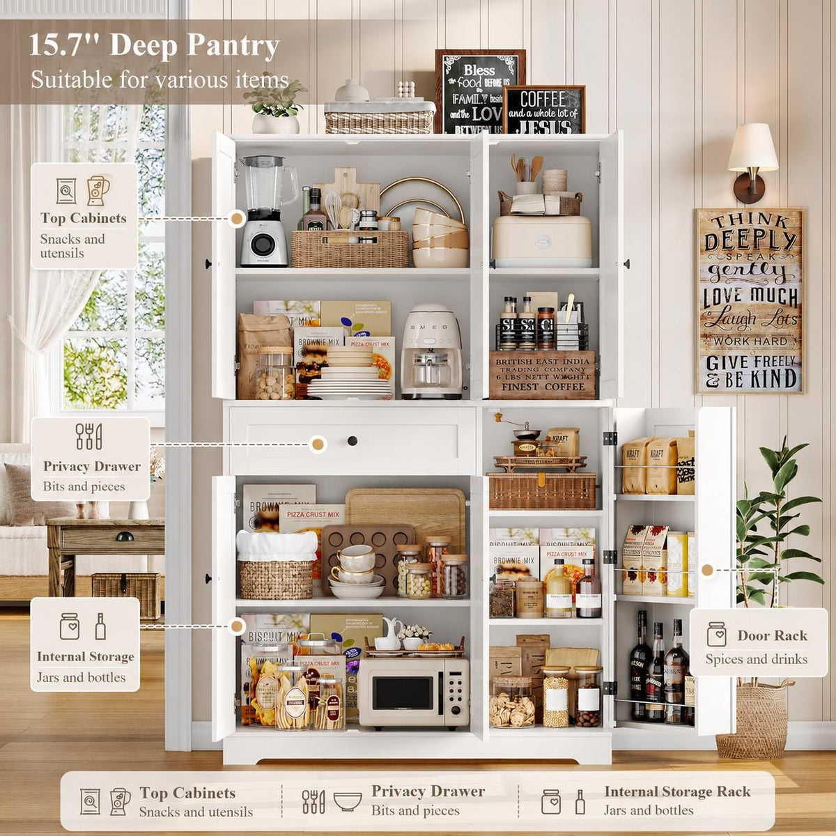 Modern White Kitchen Pantry Cabinet with Drawer & Swing-Out Storage Rack