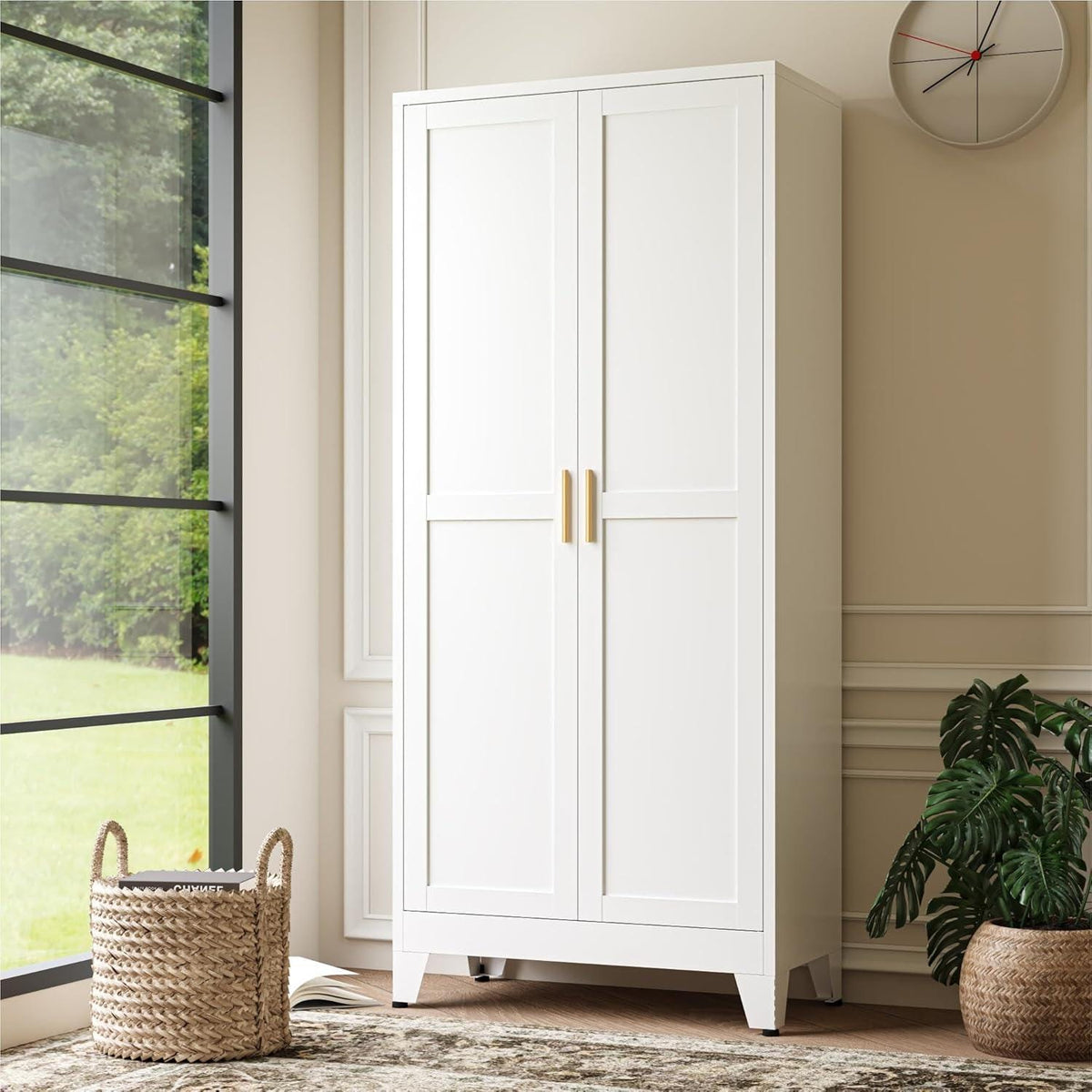 Tall Black Storage Cabinet, Modern Double Door Pantry Cupboard, Freestanding Home Organizer
