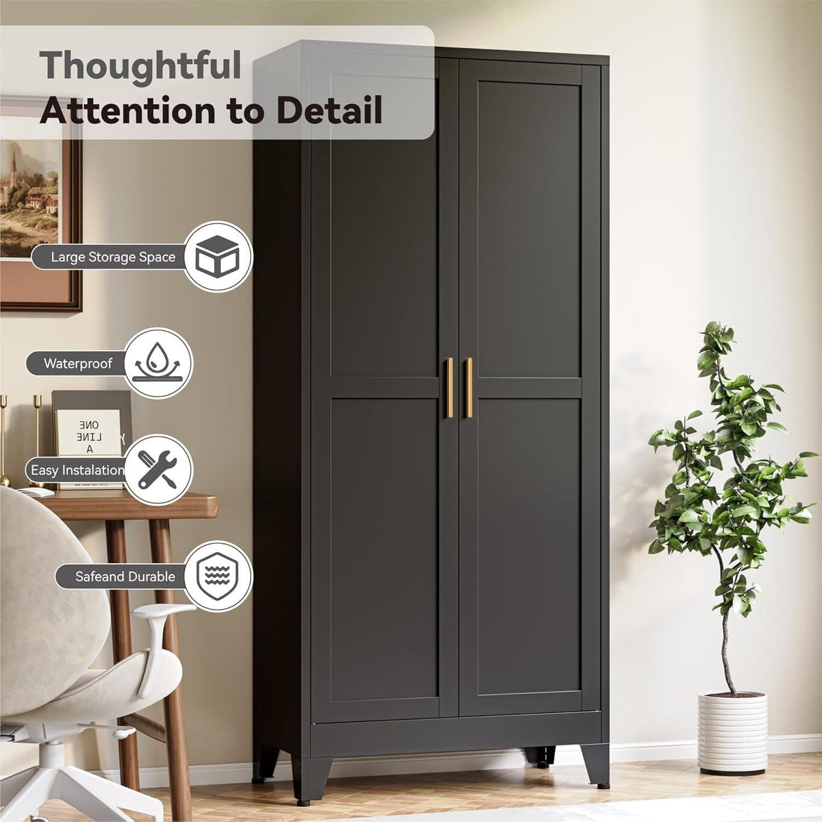 Tall Black Storage Cabinet, Modern Double Door Pantry Cupboard, Freestanding Home Organizer