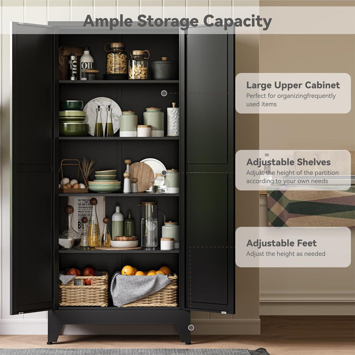 Tall Black Storage Cabinet, Modern Double Door Pantry Cupboard, Freestanding Home Organizer