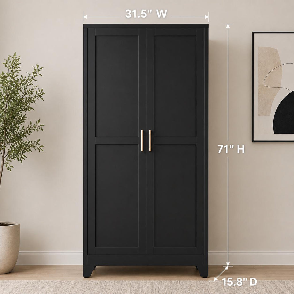 Tall Black Storage Cabinet, Modern Double Door Pantry Cupboard, Freestanding Home Organizer