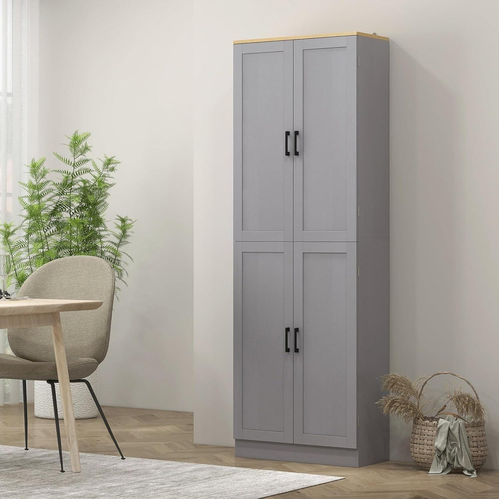 Freestanding Kitchen Pantry Cabinet with 4 Doors, Adjustable Shelves & Spacious Storage, Distressed Gray