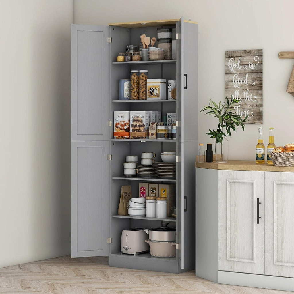 Freestanding Kitchen Pantry Cabinet with 4 Doors, Adjustable Shelves & Spacious Storage, Distressed Gray