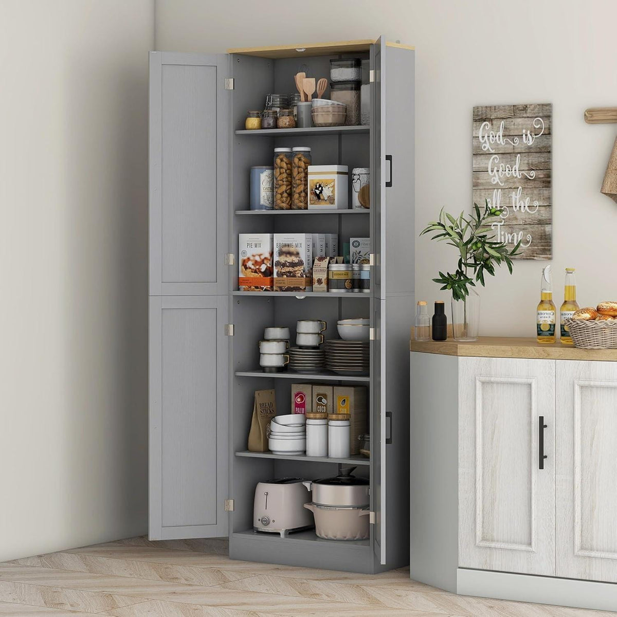 Freestanding Kitchen Pantry Cabinet with 4 Doors, Adjustable Shelves & Spacious Storage, Distressed Gray
