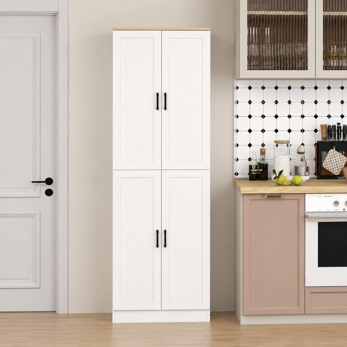 Freestanding Kitchen Pantry Cabinet with 4 Doors, Adjustable Shelves & Spacious Storage, Distressed Gray
