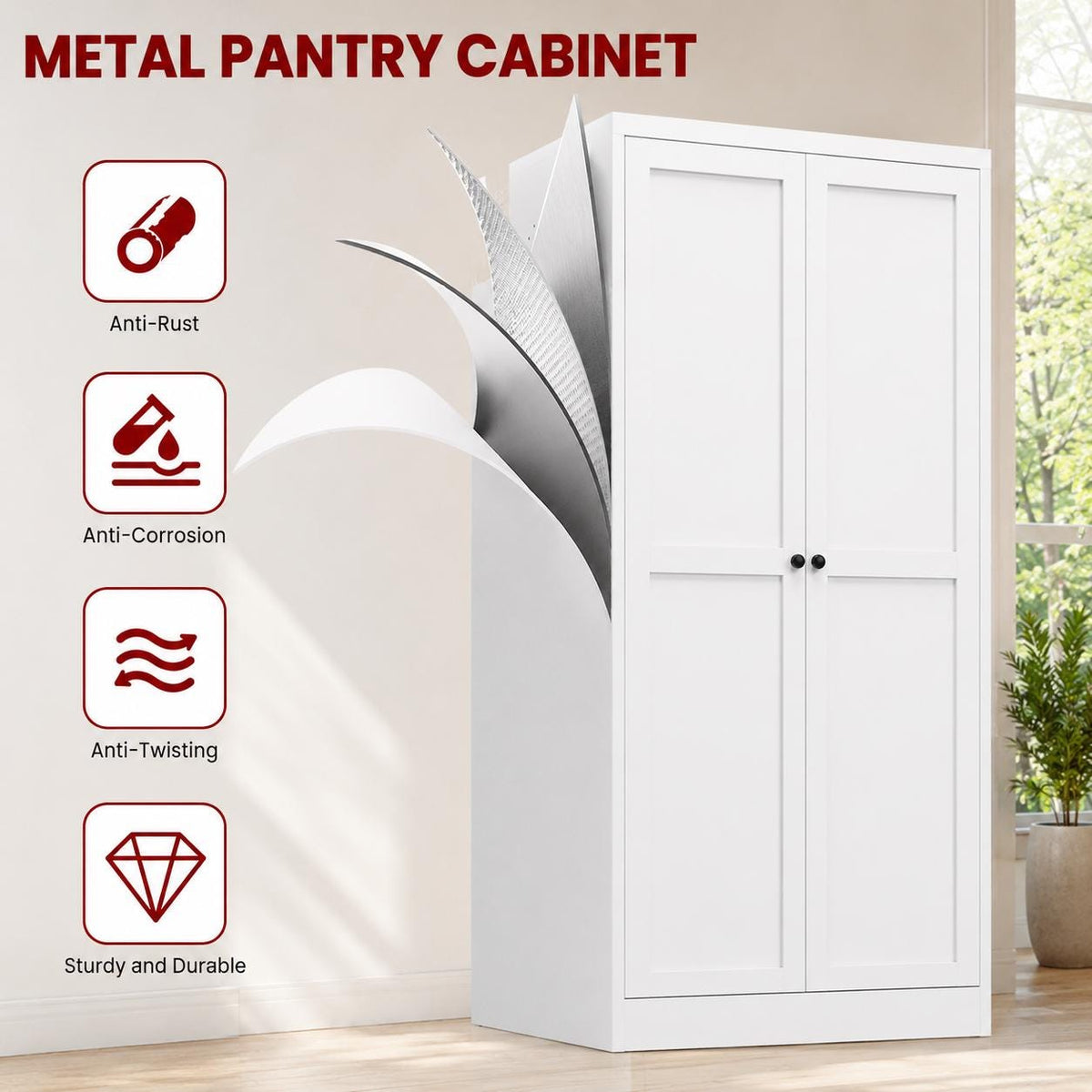 AQY Kitchen Pantry Cabinet, White Metal Storage Cabinet with Adjustable Shelves, Tall Freestanding Kitchen Cupboard Organizer