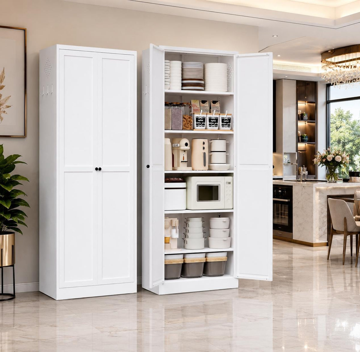 AQY Kitchen Pantry Cabinet, White Metal Storage Cabinet with Adjustable Shelves, Tall Freestanding Kitchen Cupboard Organizer