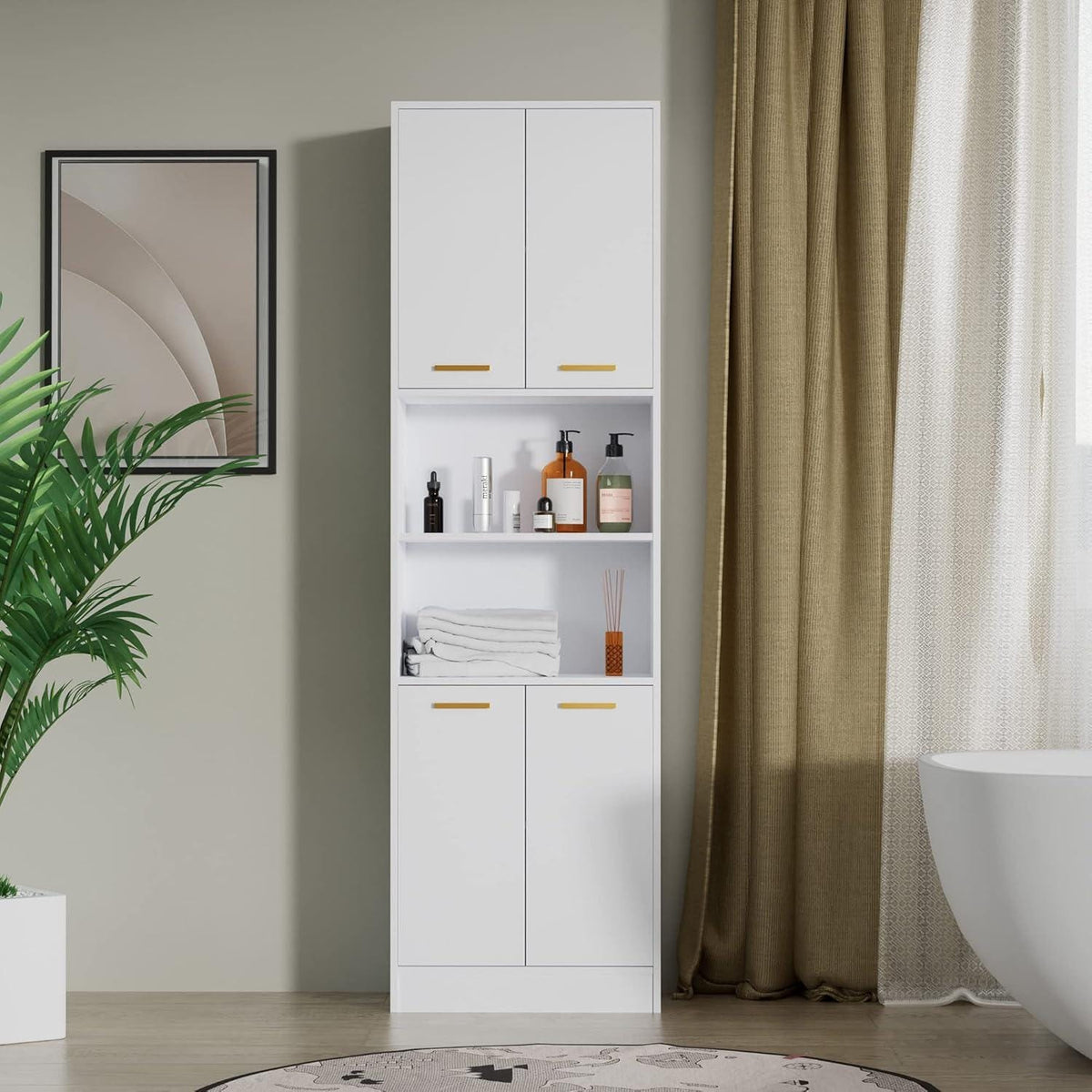 Tall Pantry Cabinet, 4 Doors, Open Countertop, Storage Shelves
