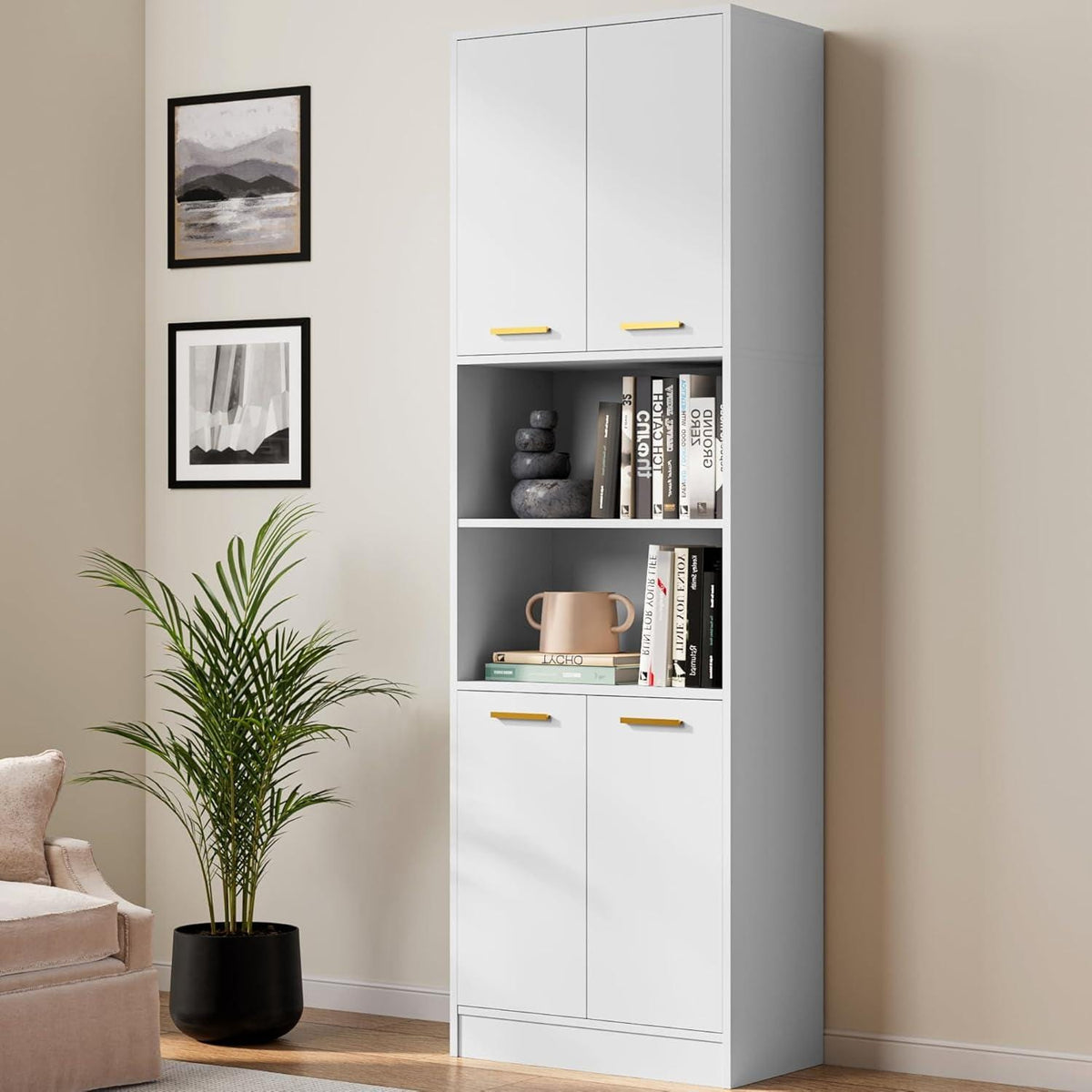 Tall Pantry Cabinet, 4 Doors, Open Countertop, Storage Shelves