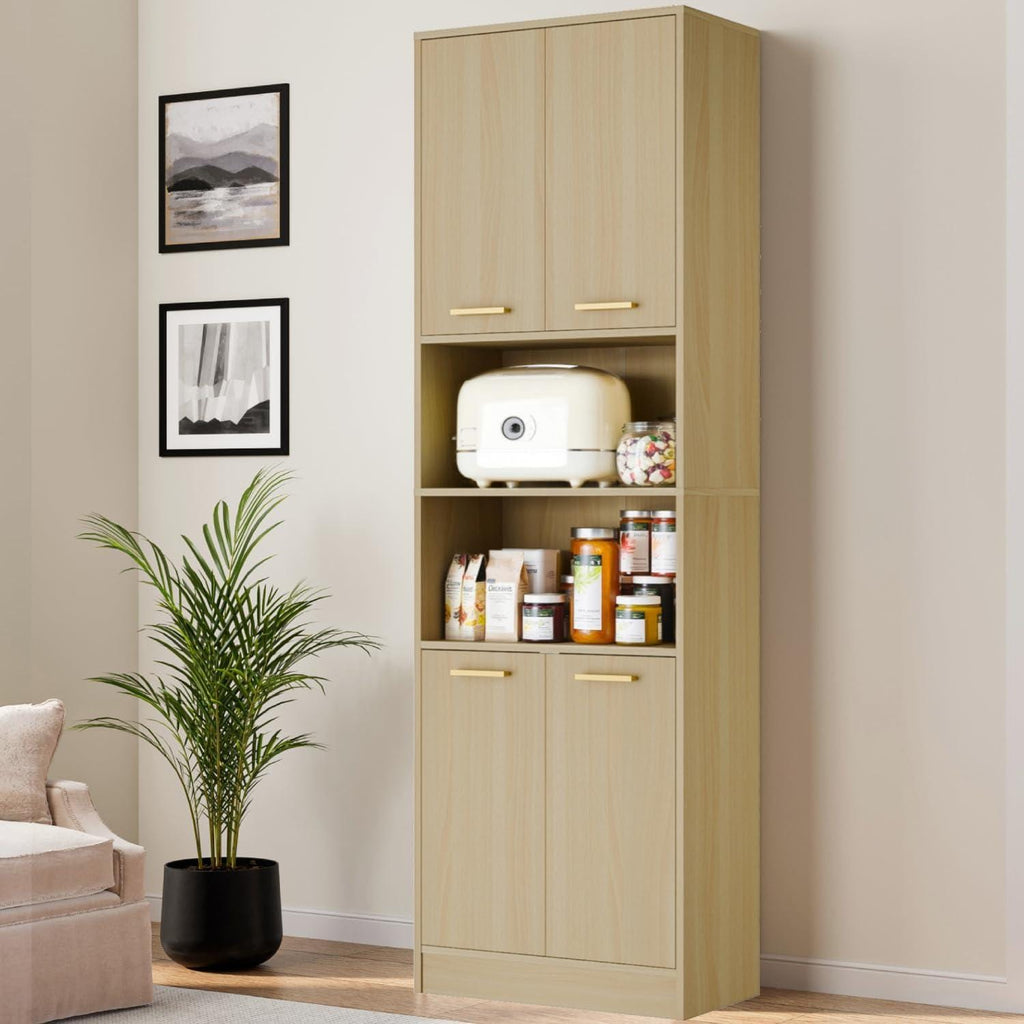 Tall Pantry Cabinet, 4 Doors, Open Countertop, Storage Shelves