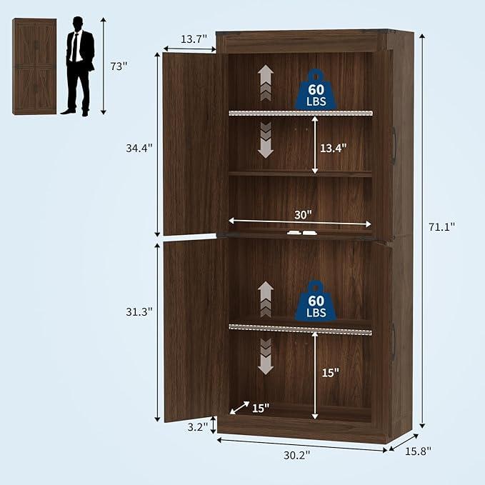71" Rustic Farmhouse Barn Door Storage Cabinet – Dark Walnut Wood Armoire with 4 Doors