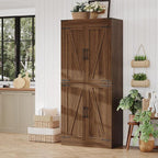 71" Rustic Farmhouse Barn Door Storage Cabinet – Dark Walnut Wood Armoire with 4 Doors