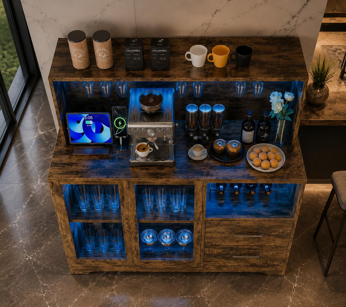 Rustic Farmhouse Coffee Bar Cabinet with LED Lights, Kitchen Storage Station
