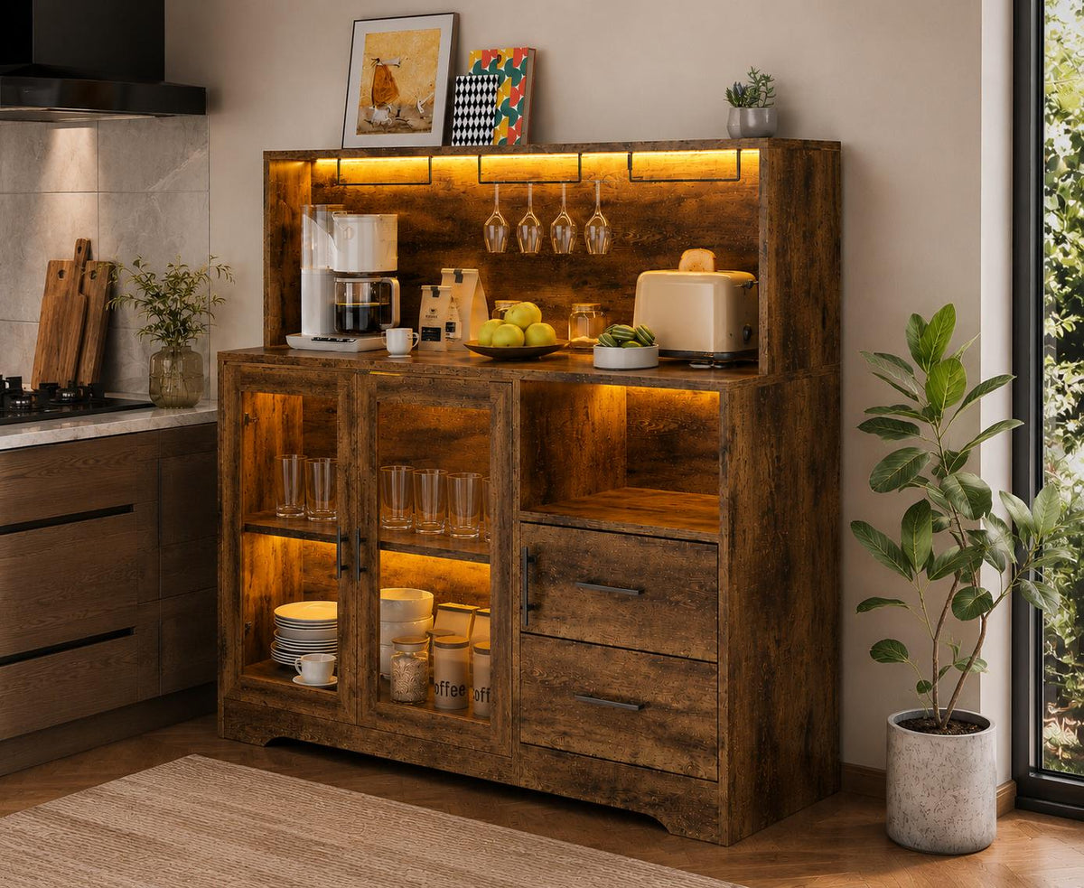 Rustic Farmhouse Coffee Bar Cabinet with LED Lights, Kitchen Glass Storage Drawers