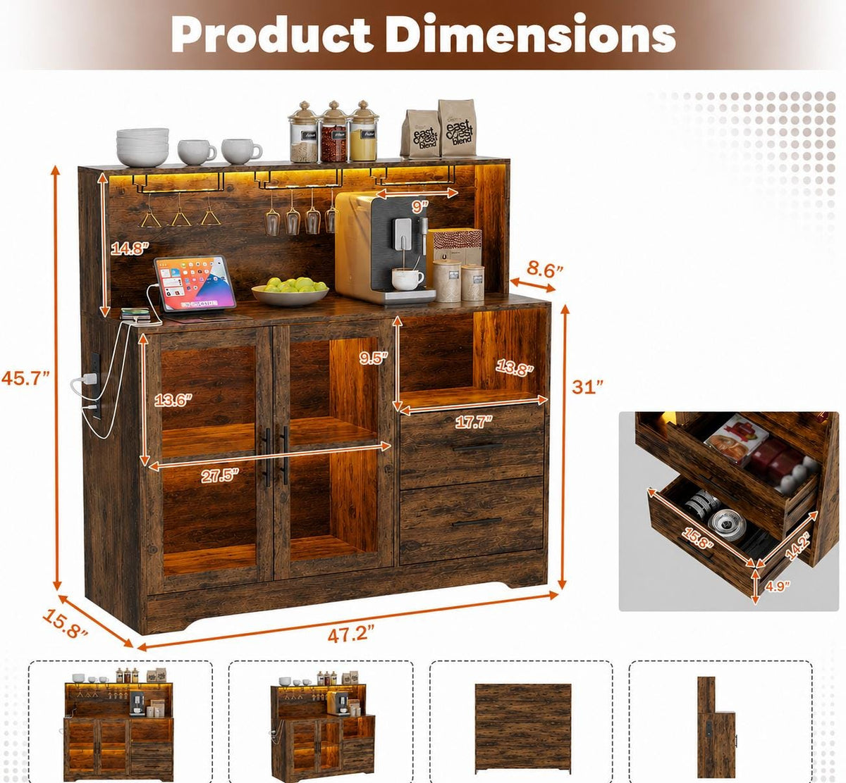 Rustic Farmhouse Coffee Bar Cabinet with LED Lights, Kitchen Glass Storage Drawers