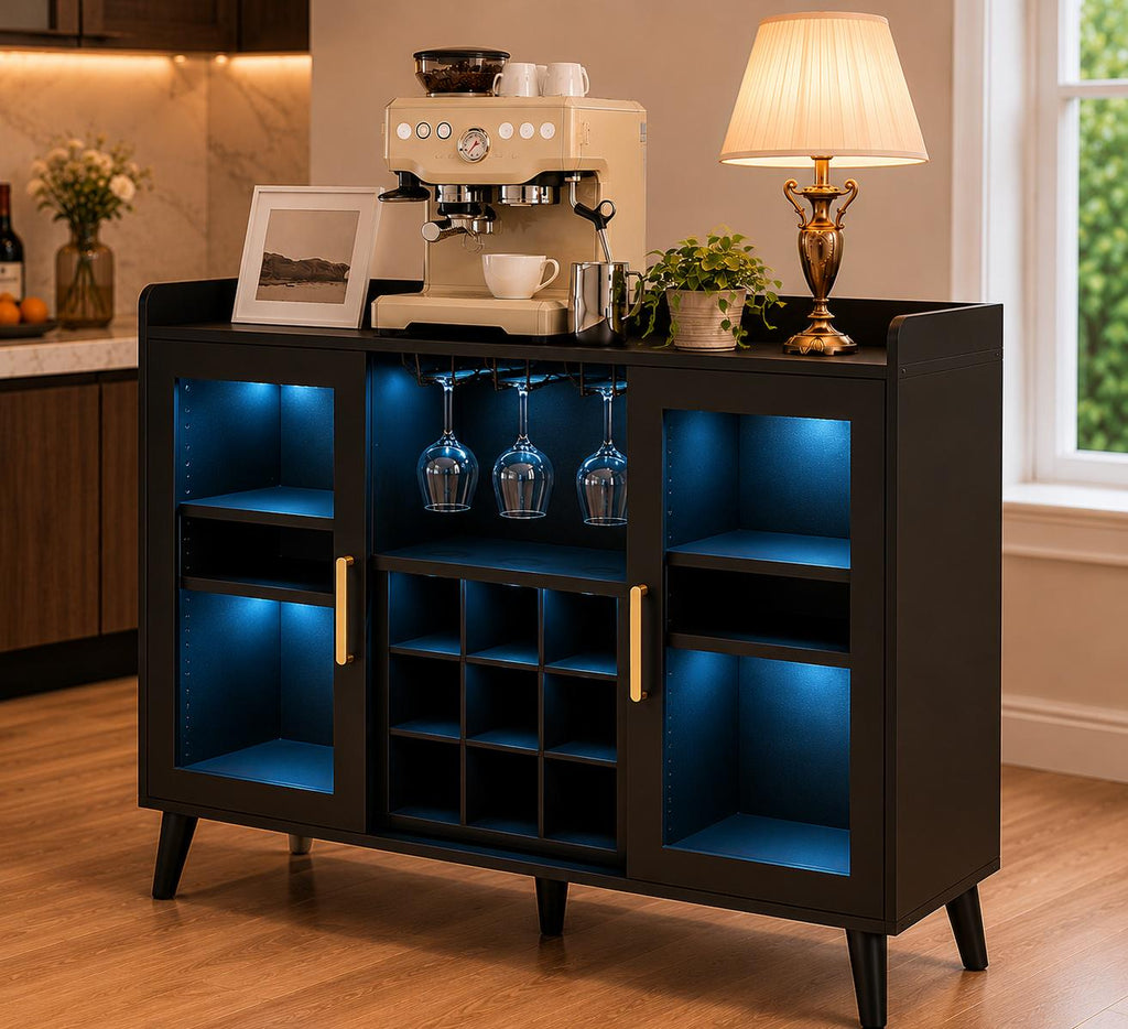 Modern Black Coffee Bar Cabinet with LED Lights, Glass Holder Storage Sideboard