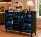 Modern Black Coffee Bar Cabinet with LED Lights, Glass Holder Storage Sideboard