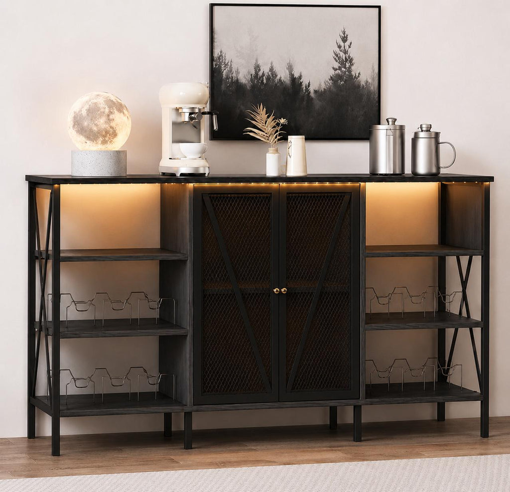 Industrial Coffee Bar Cabinet with LED Lights, Rustic Buffet Storage Sideboard