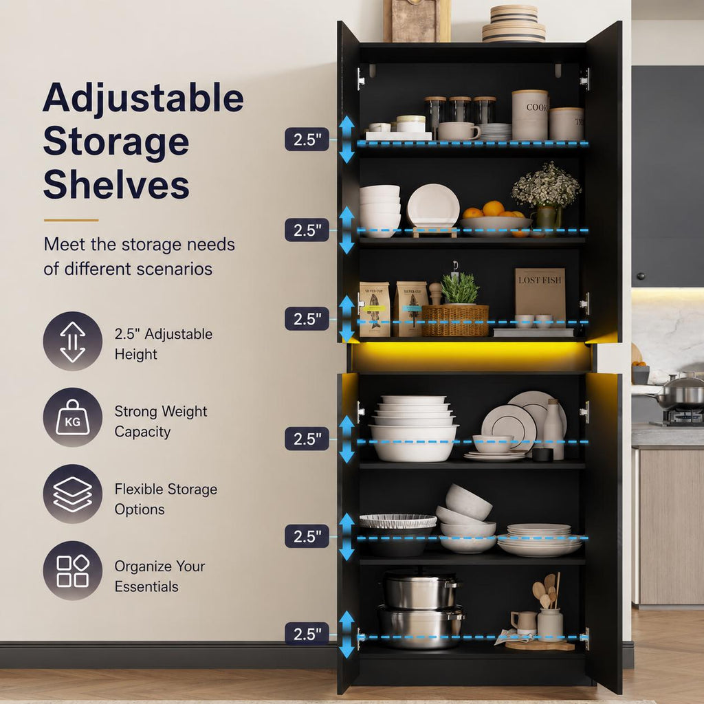 High Gloss LED Pantry Cabinet, Modern Kitchen Storage, 4 Doors, App Controlled Lights