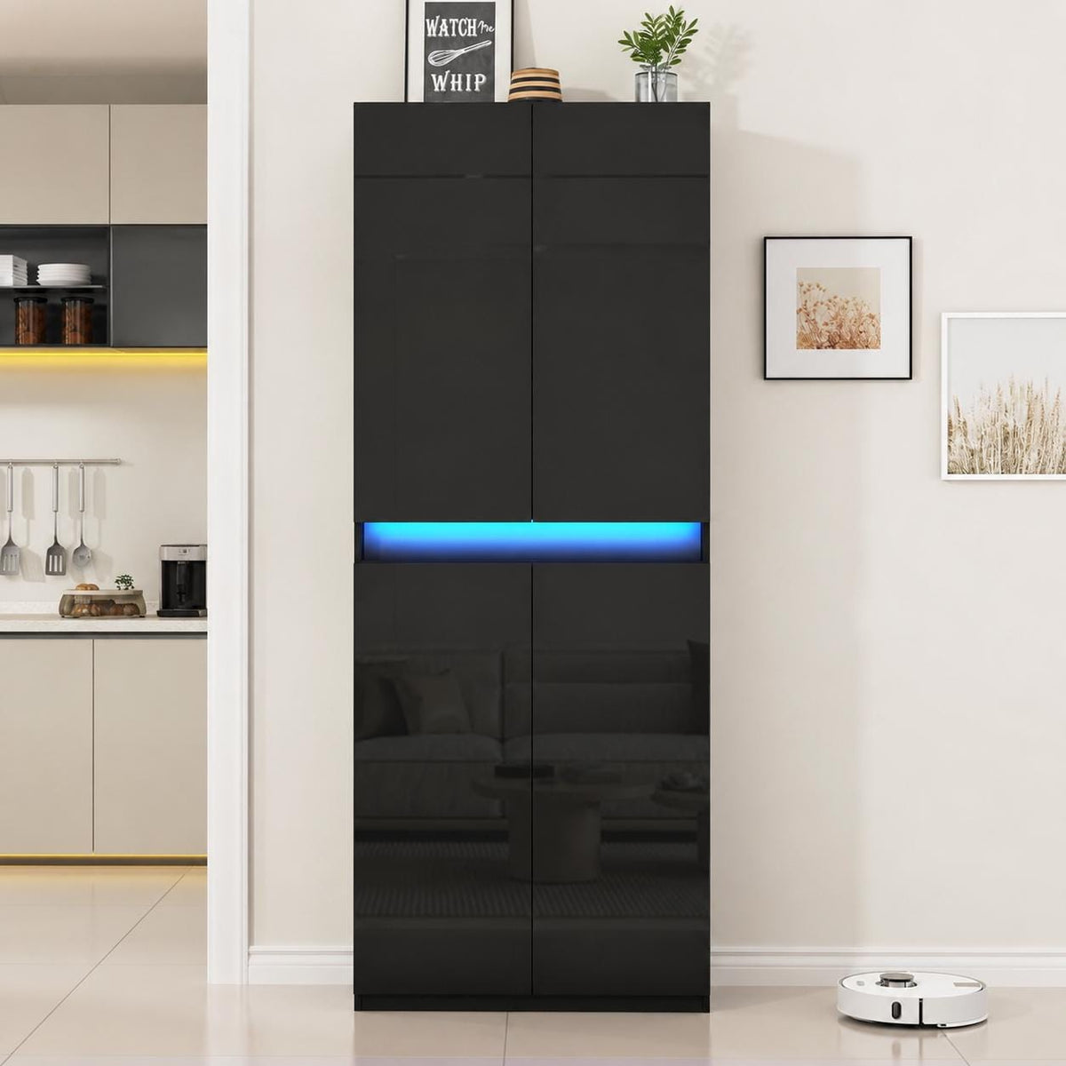High Gloss LED Pantry Cabinet, Modern Kitchen Storage, 4 Doors, App Controlled Lights