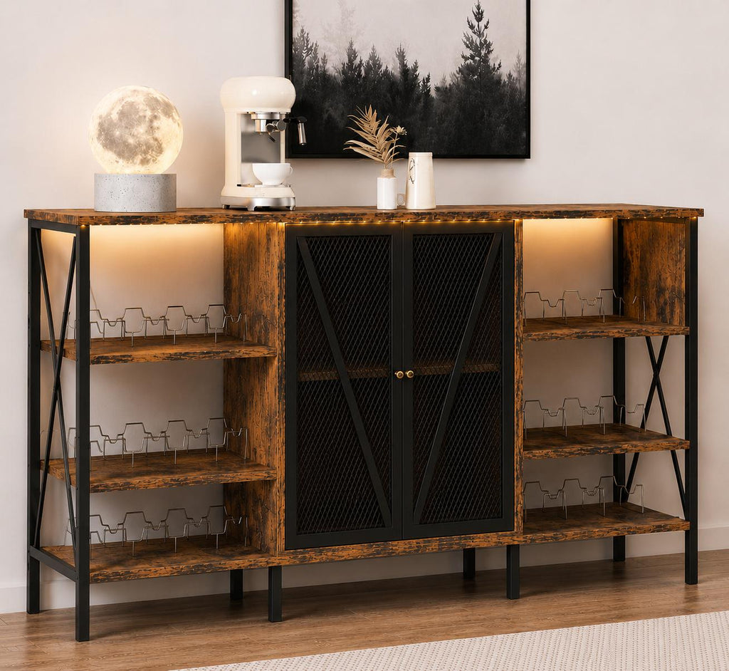 Industrial Coffee Bar Cabinet with LED Lights, Rustic Buffet Storage Sideboard