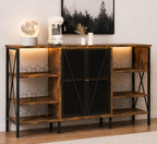 Industrial Coffee Bar Cabinet with LED Lights, Rustic Buffet Storage Sideboard