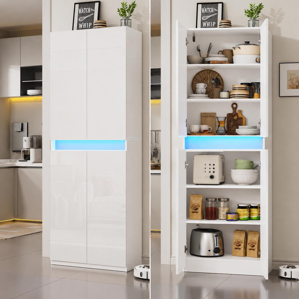 High Gloss LED Pantry Cabinet, Modern Kitchen Storage, 4 Doors, App Controlled Lights