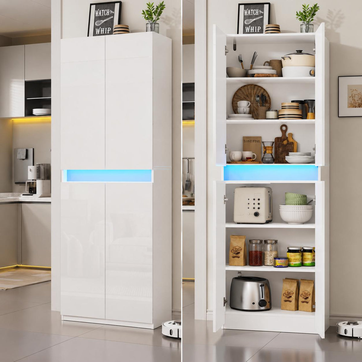High Gloss LED Pantry Cabinet, Modern Kitchen Storage, 4 Doors, App Controlled Lights