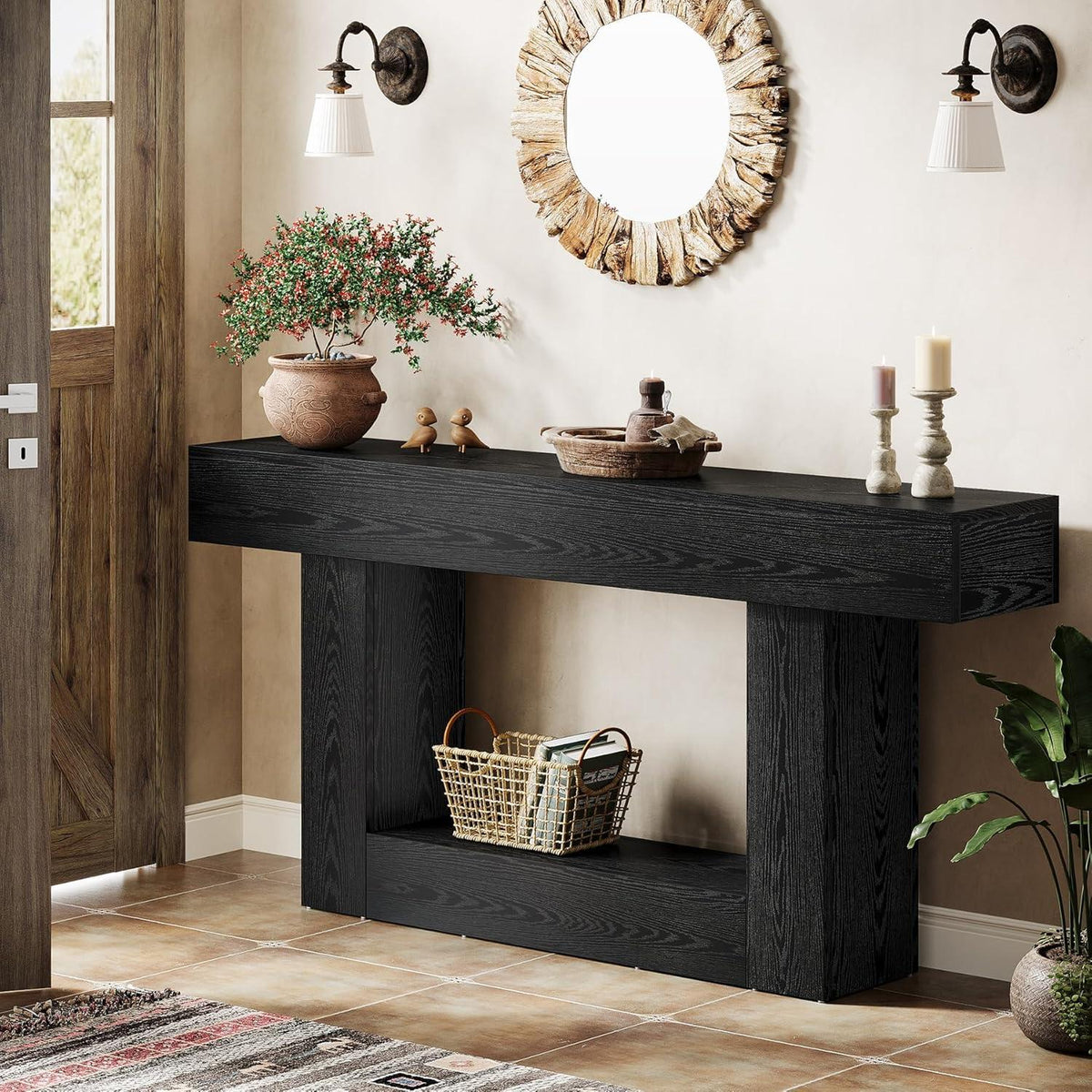 Farmhouse Console Table, Rustic Wood Entryway Sofa Table, U-Shaped Base Storage