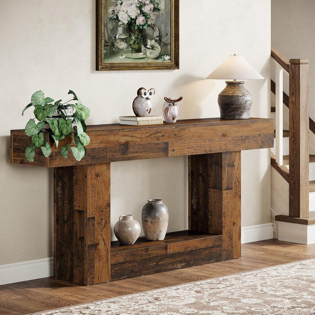 Farmhouse Console Table, Rustic Wood Entryway Sofa Table, U-Shaped Base Storage