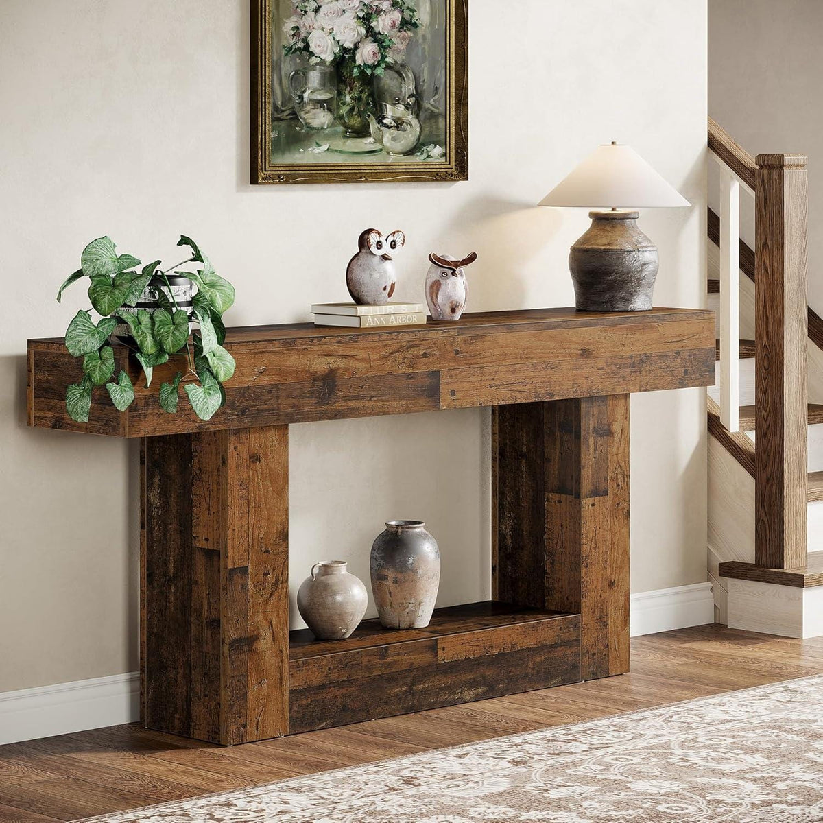 Farmhouse Console Table, Rustic Wood Entryway Sofa Table, U-Shaped Base Storage
