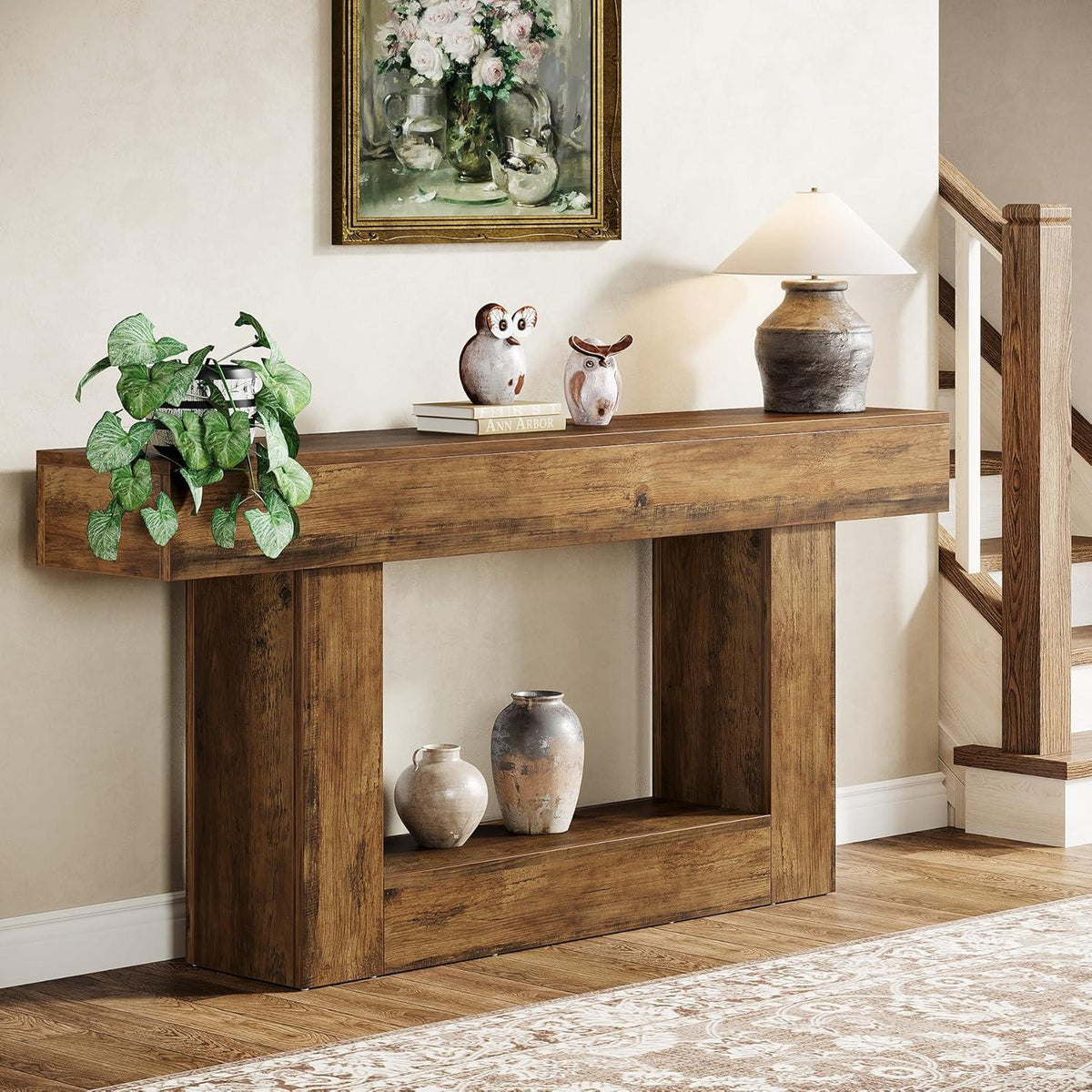 Farmhouse Console Table, Rustic Wood Entryway Sofa Table, U-Shaped Base Storage