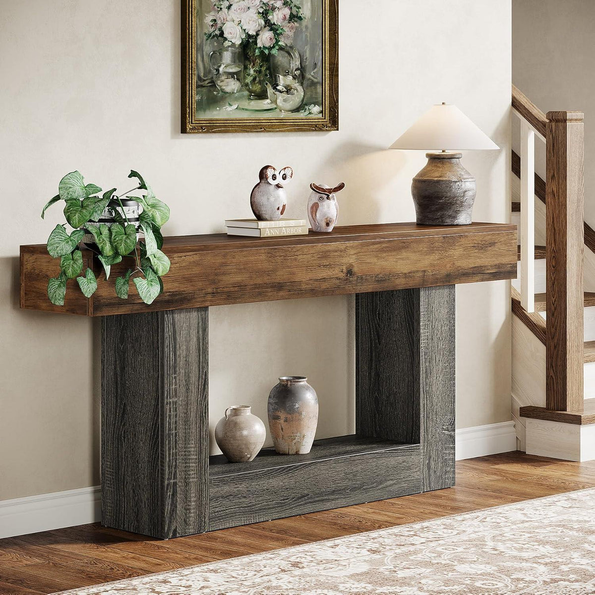 Farmhouse Console Table, Rustic Wood Entryway Sofa Table, U-Shaped Base Storage
