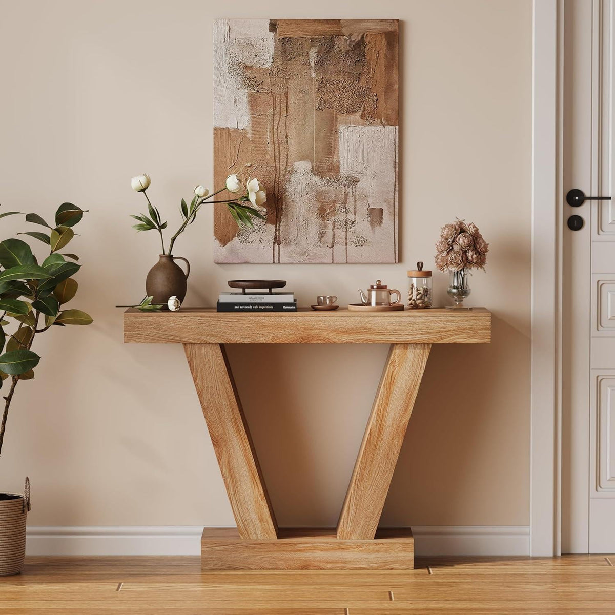 Farmhouse V-Shaped Console Table, Light Oak Entryway Sofa Table