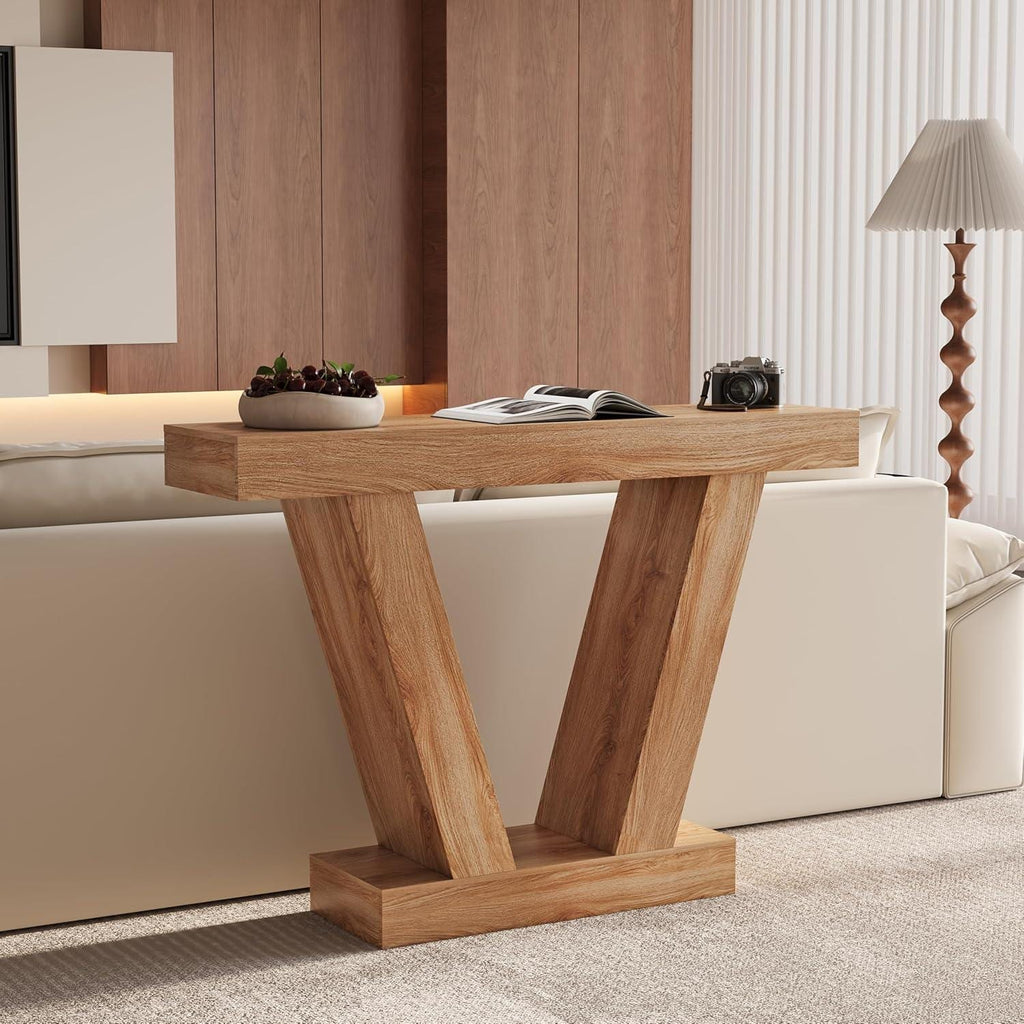 Farmhouse V-Shaped Console Table, Light Oak Entryway Sofa Table