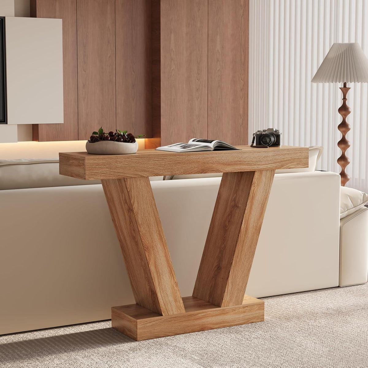 Farmhouse V-Shaped Console Table, Light Oak Entryway Sofa Table