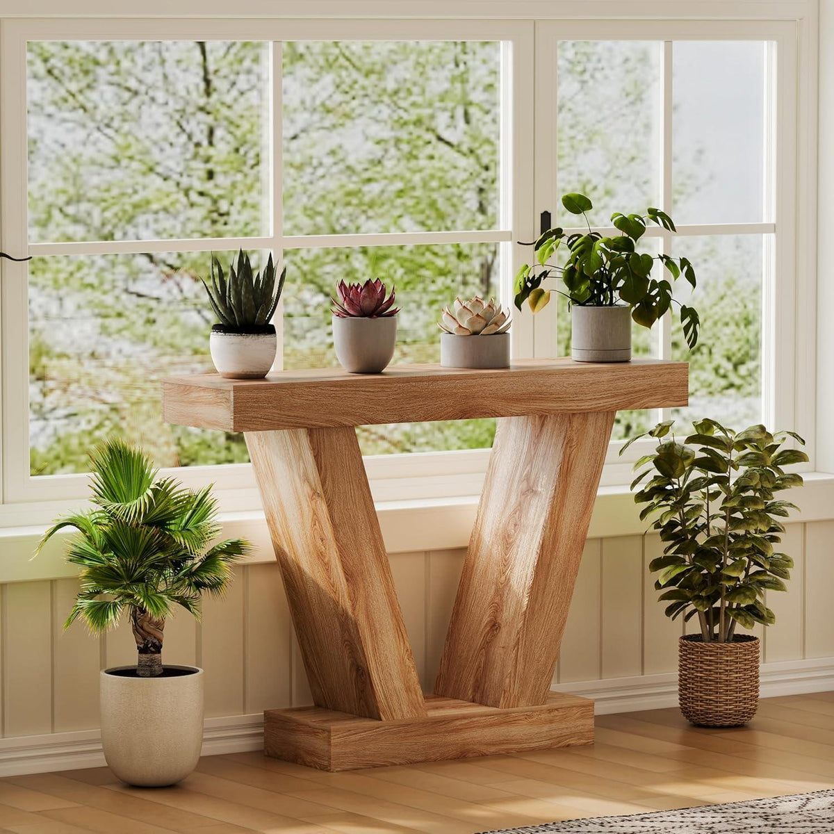 Farmhouse V-Shaped Console Table, Light Oak Entryway Sofa Table