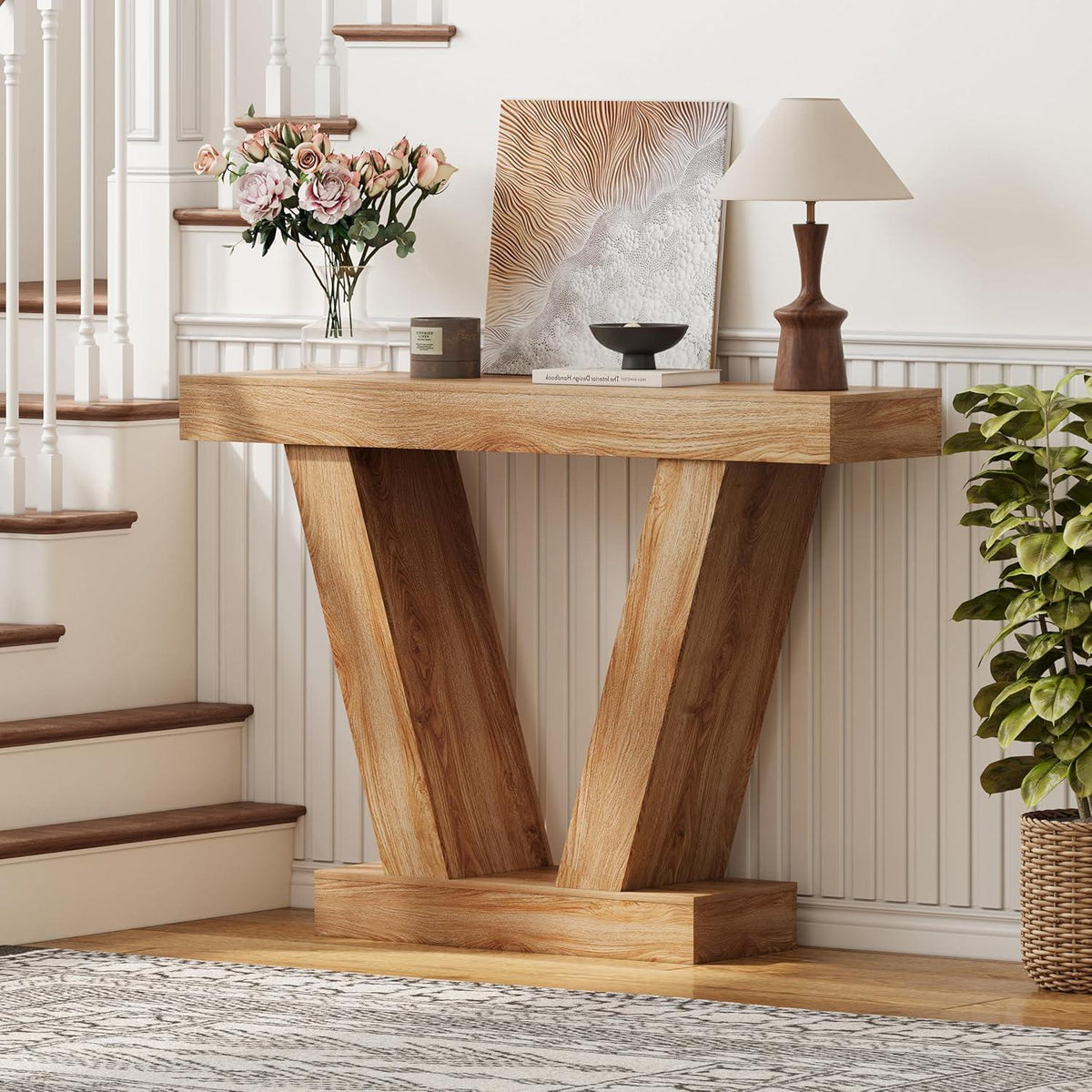 Farmhouse V-Shaped Console Table, Light Oak Entryway Sofa Table
