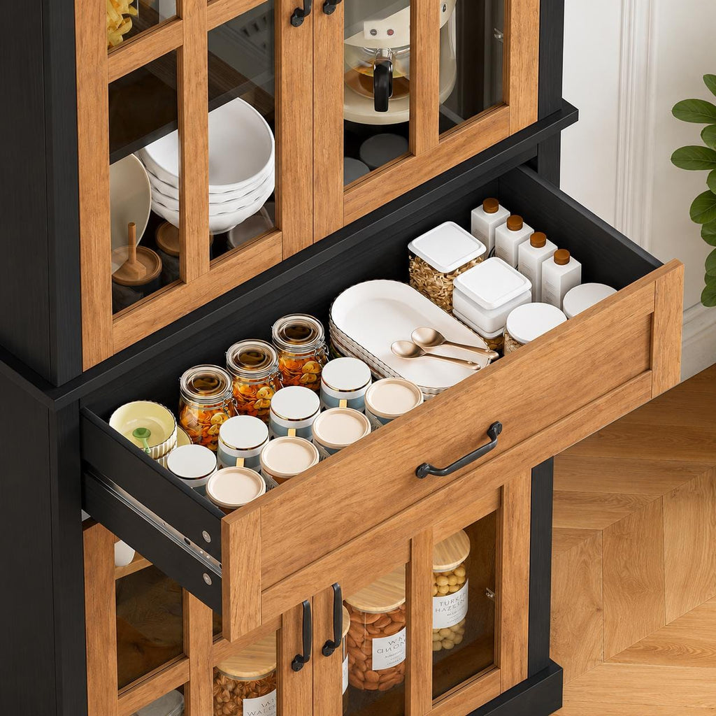 71" Tall Kitchen Pantry Cabinet with Glass Doors & Drawer – Freestanding Food Storage Cabinet with Adjustable Shelves