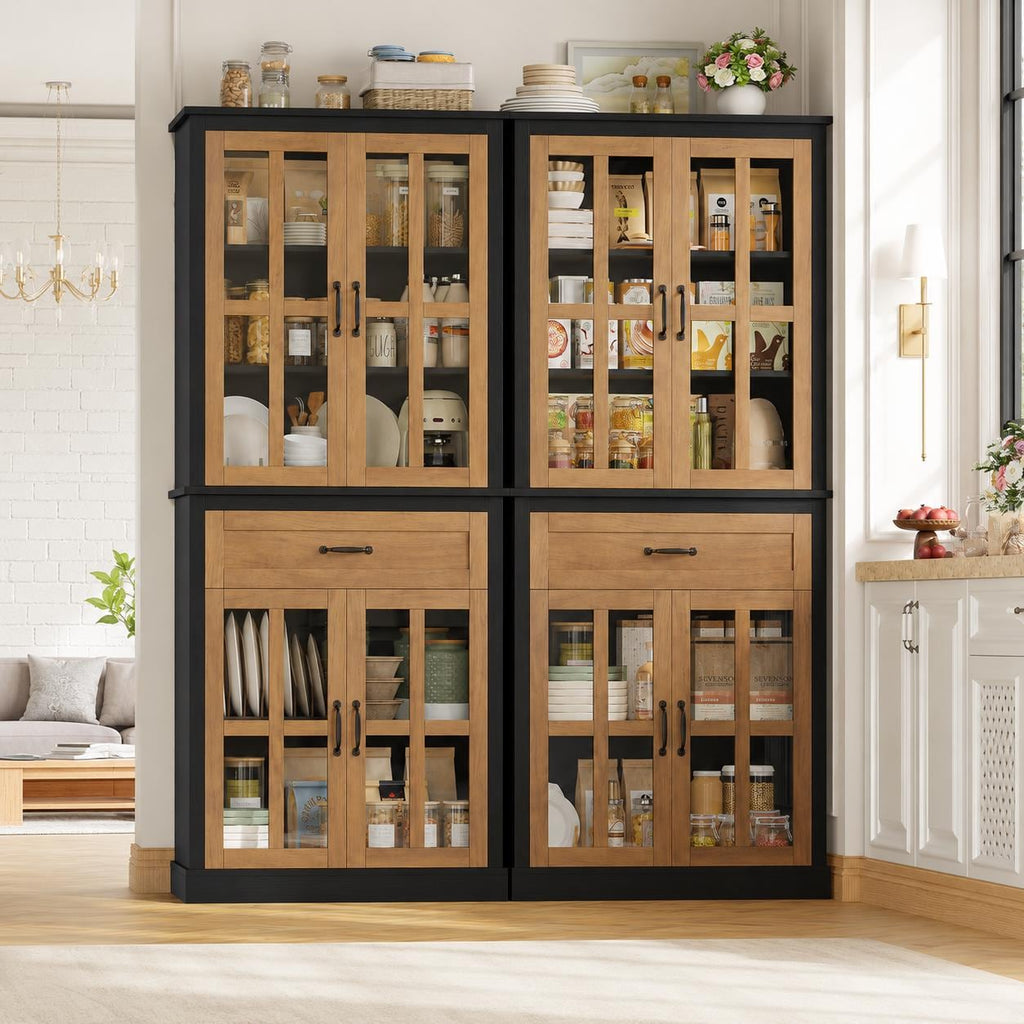 71" Tall Kitchen Pantry Cabinet with Glass Doors & Drawer – Freestanding Food Storage Cabinet with Adjustable Shelves