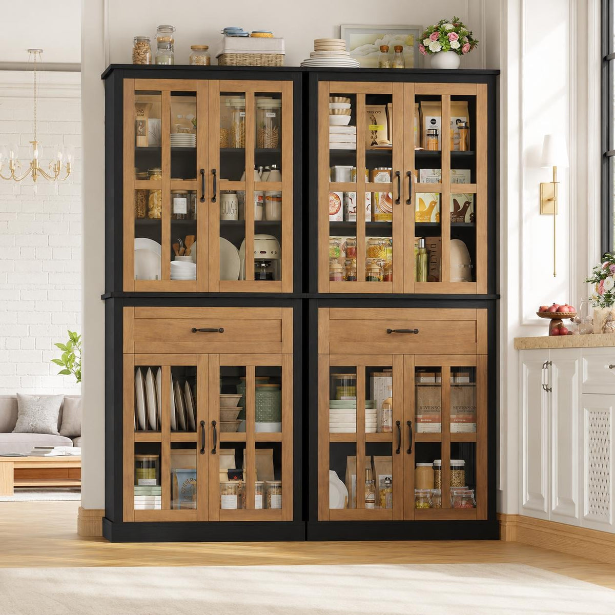 71" Tall Kitchen Pantry Cabinet with Glass Doors & Drawer – Freestanding Food Storage Cabinet with Adjustable Shelves