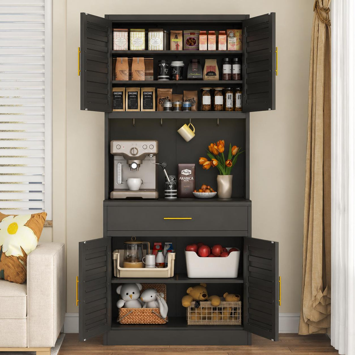 71" Tall Metal Kitchen Pantry Cabinet with Drawer, Wide Storage Cabinet with 4 Doors & Adjustable Shelves, Buffet Sideboard Hutch