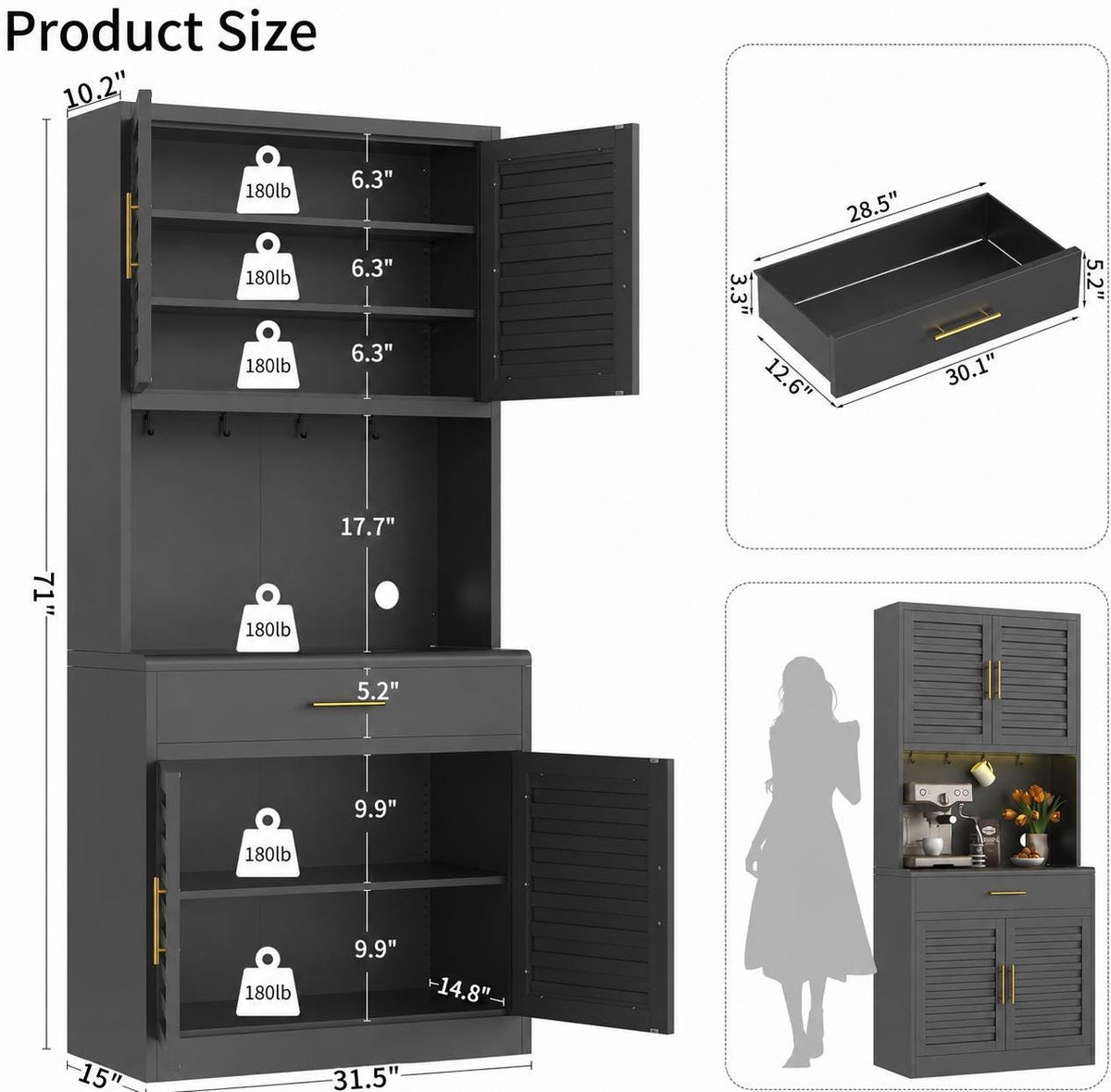 71" Tall Metal Kitchen Pantry Cabinet with Drawer, Wide Storage Cabinet with 4 Doors & Adjustable Shelves, Buffet Sideboard Hutch