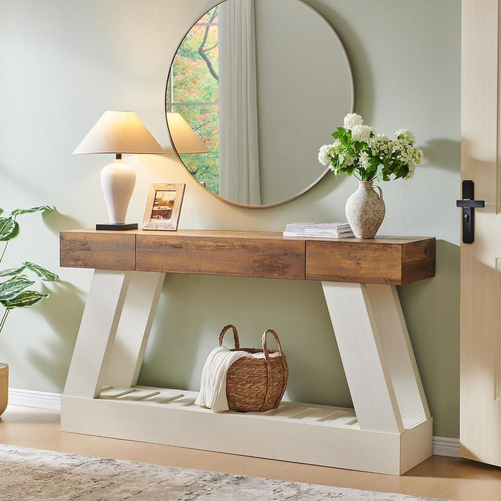 Farmhouse Entryway Table, 60" Wooden Hallway Foyer Table with Drawer, Heavy Duty Base